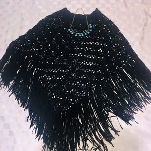 “CEJON” Black Woven BOHO CAPE/PONCHO WITH FRINGE‼️